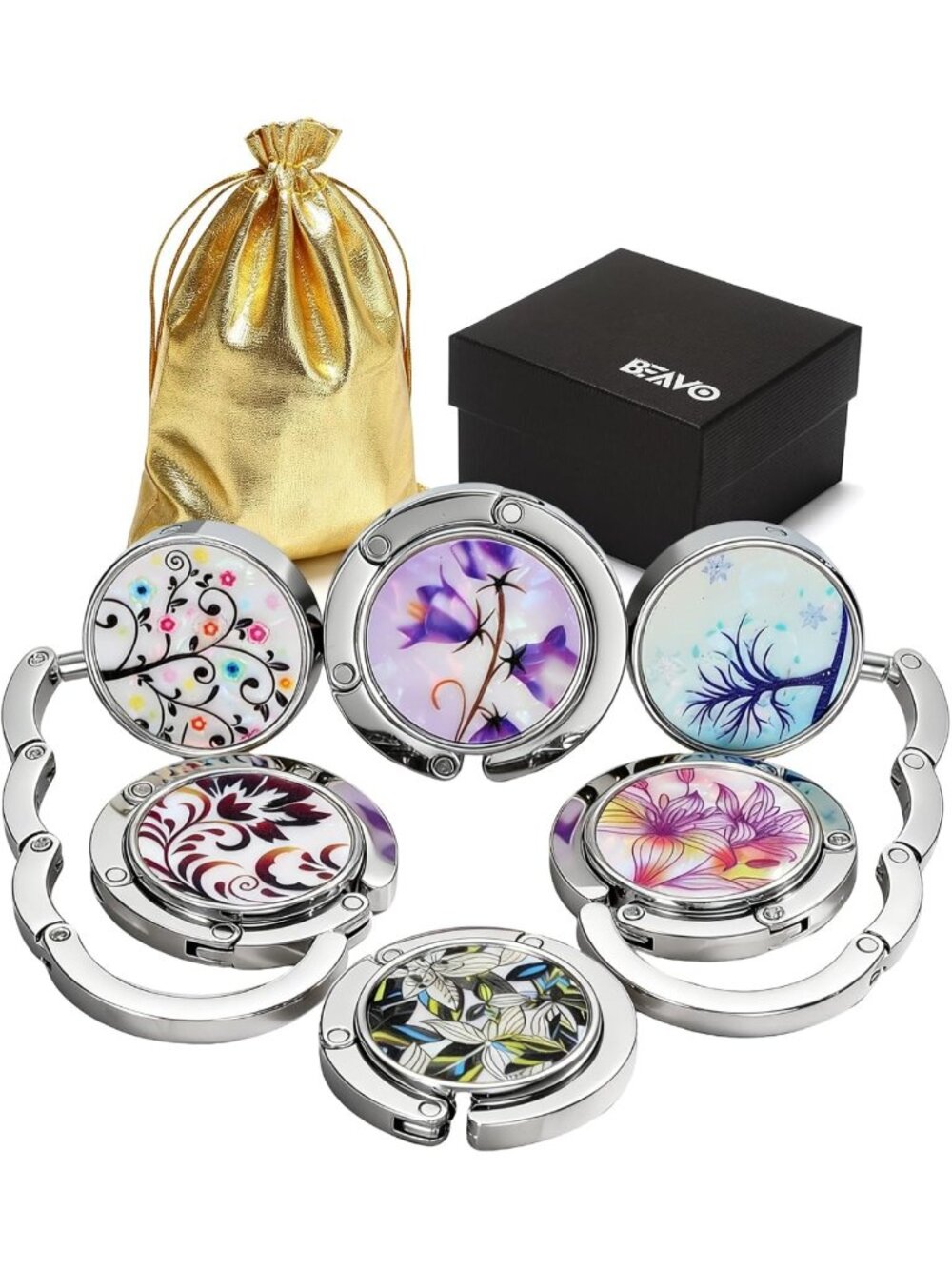 Set of 6 Stylish Mixed Pattern Foldable Women's Purse Hooks for Tables